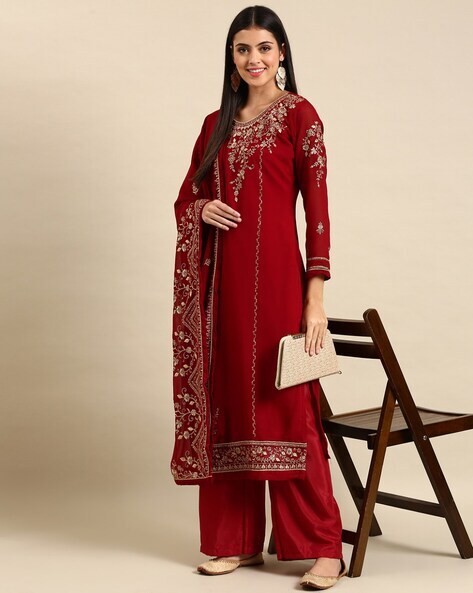 Embroidered 3-Piece Unstitched Straight Dress Material Price in India