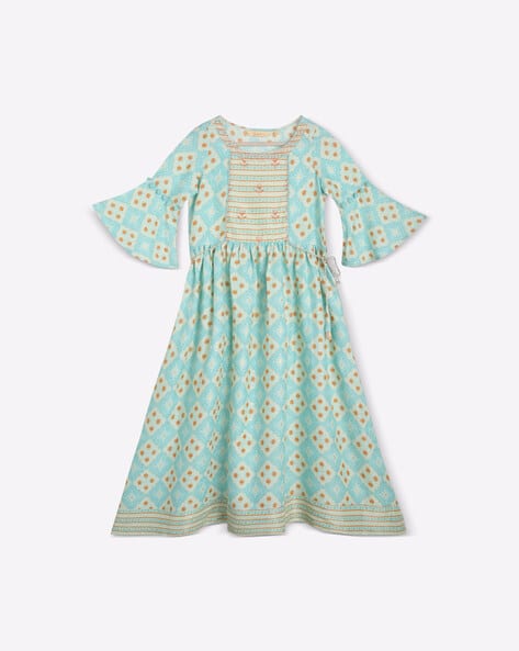 FUSION Geometric Print Flared Dress with Tie-Up