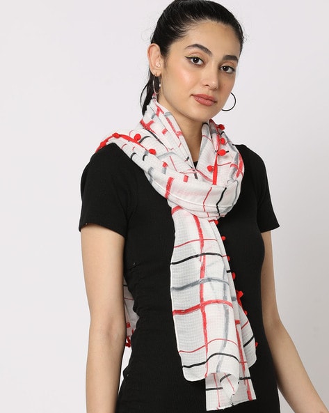 Checked Scarf with Bobble Trim Price in India