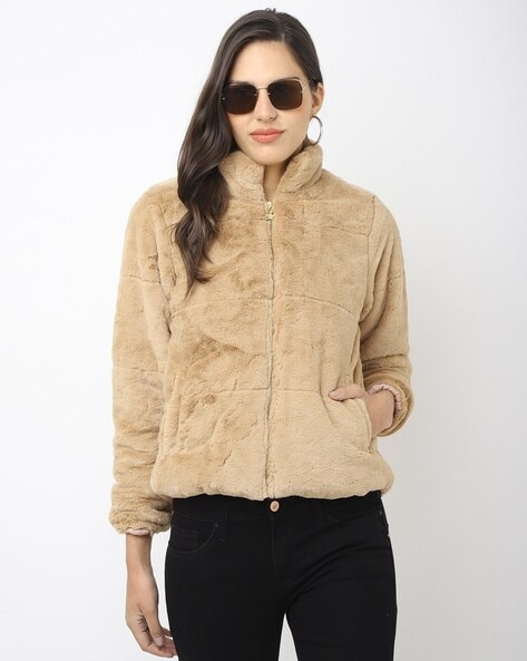 Buy BLACK MID-LENGTH FAUX-FUR LAPEL NECK JACKET for Women Online in India