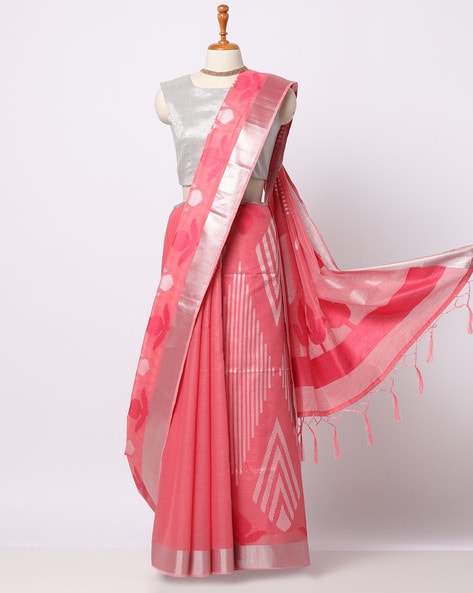 Banarasee Cotton Silk Saree With Silver Zari Buta & Border-Peach