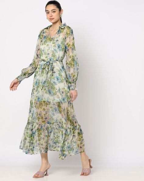 Women V-Neck Floral Printed Maxi A-Line Dress With Belt
