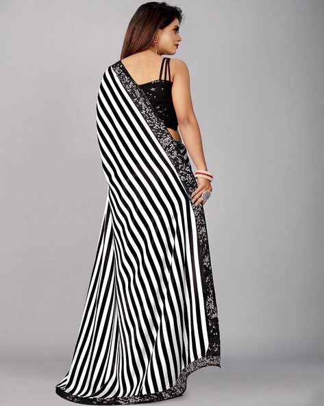 Black & White Stripes Printed Cotton Saree - Joypur Fashions