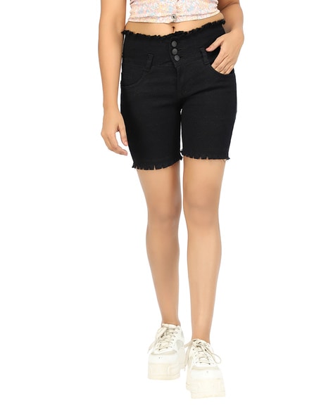 Buy JWK Women Wide Leg High Waist Faded Classic Cut Off Hot Pants Denim Shorts  Black Large at Amazonin