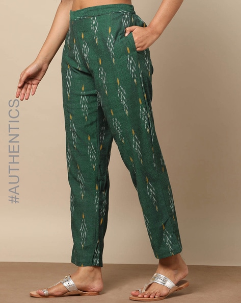 Oxy-blue Cotton Straight Printed Pants With Side Pockets | Exotic India Art