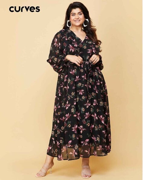 Floral Plus Size Printed Full Sleeves Midi Dress