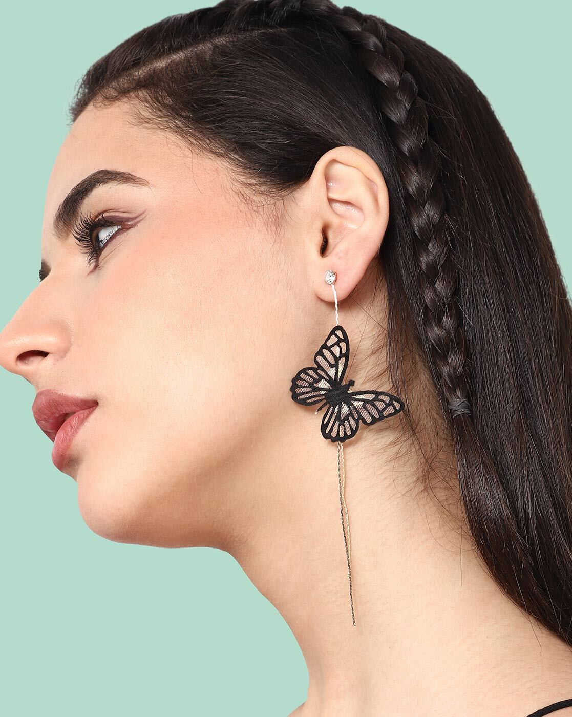 European and American ins black butterfly earrings French light luxury  niche design faux pearl chain tassel earrings sweet gift