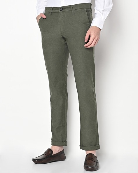 Buy Indian Terrain Men Olive Green Brooklyn Slim Fit Solid Trousers -  Trousers for Men 2256108 | Myntra