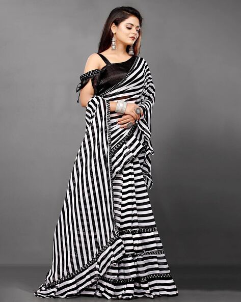 Saree : White and black georgette printed saree