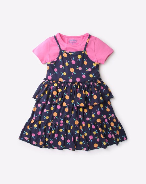 kg frendz navy blue %26 pink printed fit %26 flare dress with t shirt set