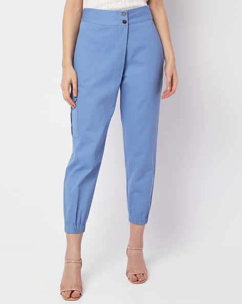 Buy Da Firenzie Women Light Blue Solid Cotton Trousers online