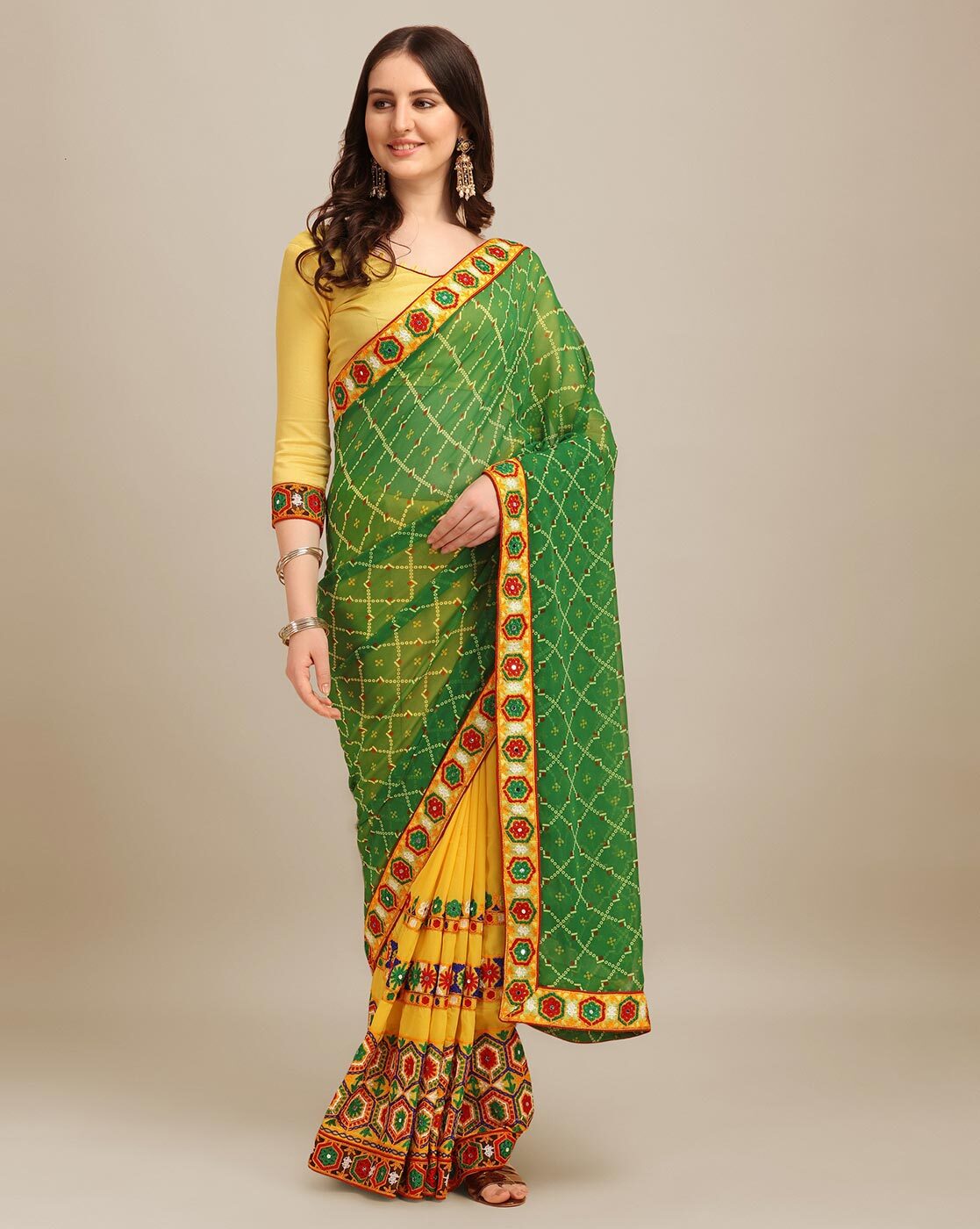 Fancy Party Wear Designer Saree Mustard Yellow with Green