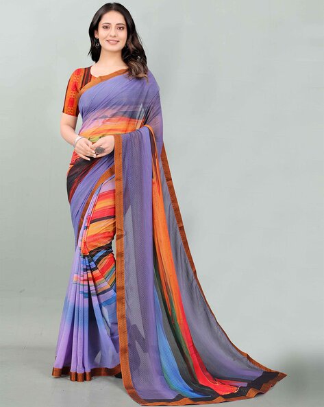 Saree Mall Pink Striped Saree With Unstitched Blouse