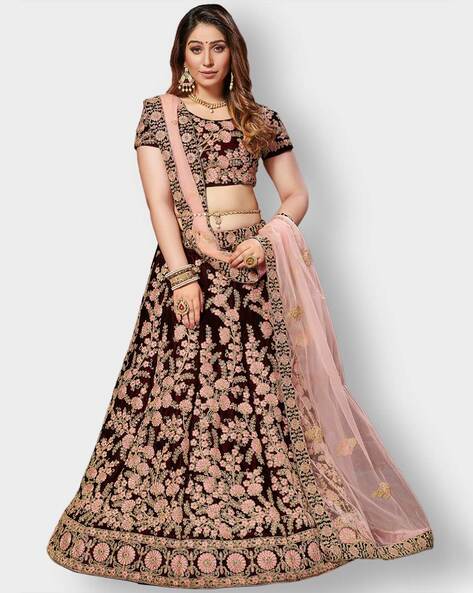 Buy Charming Wine Satin Wedding Lehenga Choli - Inddus.com