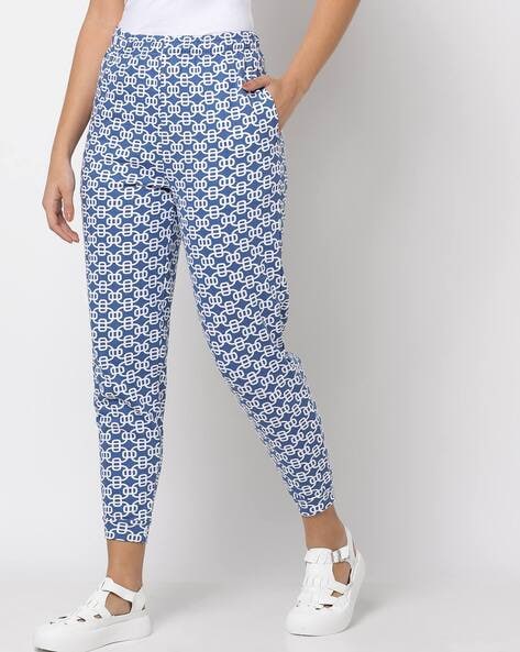 Women Navy & Blue Printed Viscose Rayon Relaxed Fit Casual Lounge Pant