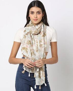 Women Floral Print Stole with Tassels