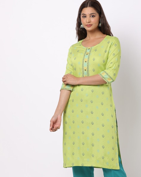 Get Contrast Piping & Side Slit Detail Pista Green Kurta With orange Pants  Set at ₹ 1511 | LBB Shop