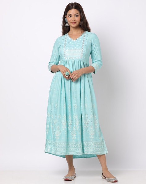 Printed V-Neck Flared Kurta