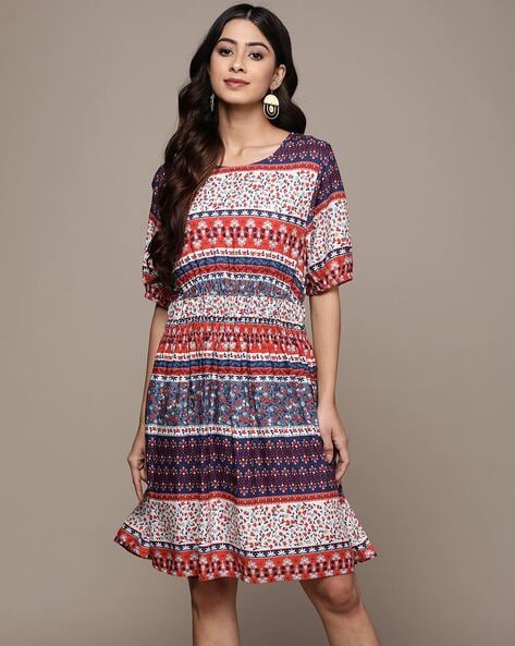 Buy Black Viscose V Neck Printed Midi Dress For Women by Label Ritu Kumar  Online at Aza Fashions.