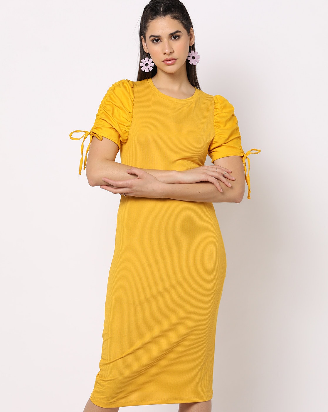 eloria Women Causal Midi Dress Party Wear Knee Long One Piece Dress Box  Plated Fit and Flare Dress, Color: Mustard, Size: 3XL - Walmart.com