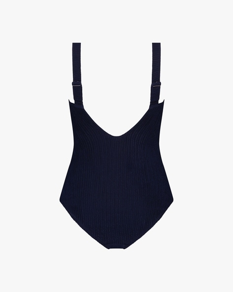 Lucky Brand Junior's Standard V-Neck Keyhole Front One Piece Swimsuit,  Navy//Belle air, Large at  Women's Clothing store
