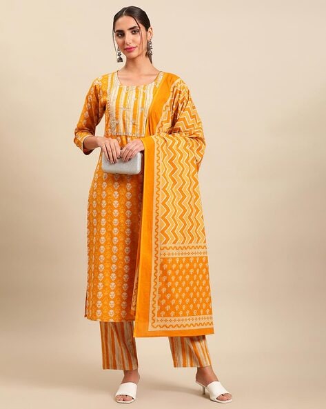 Mustard Printed Cotton Kurti Legging Dupatta Set