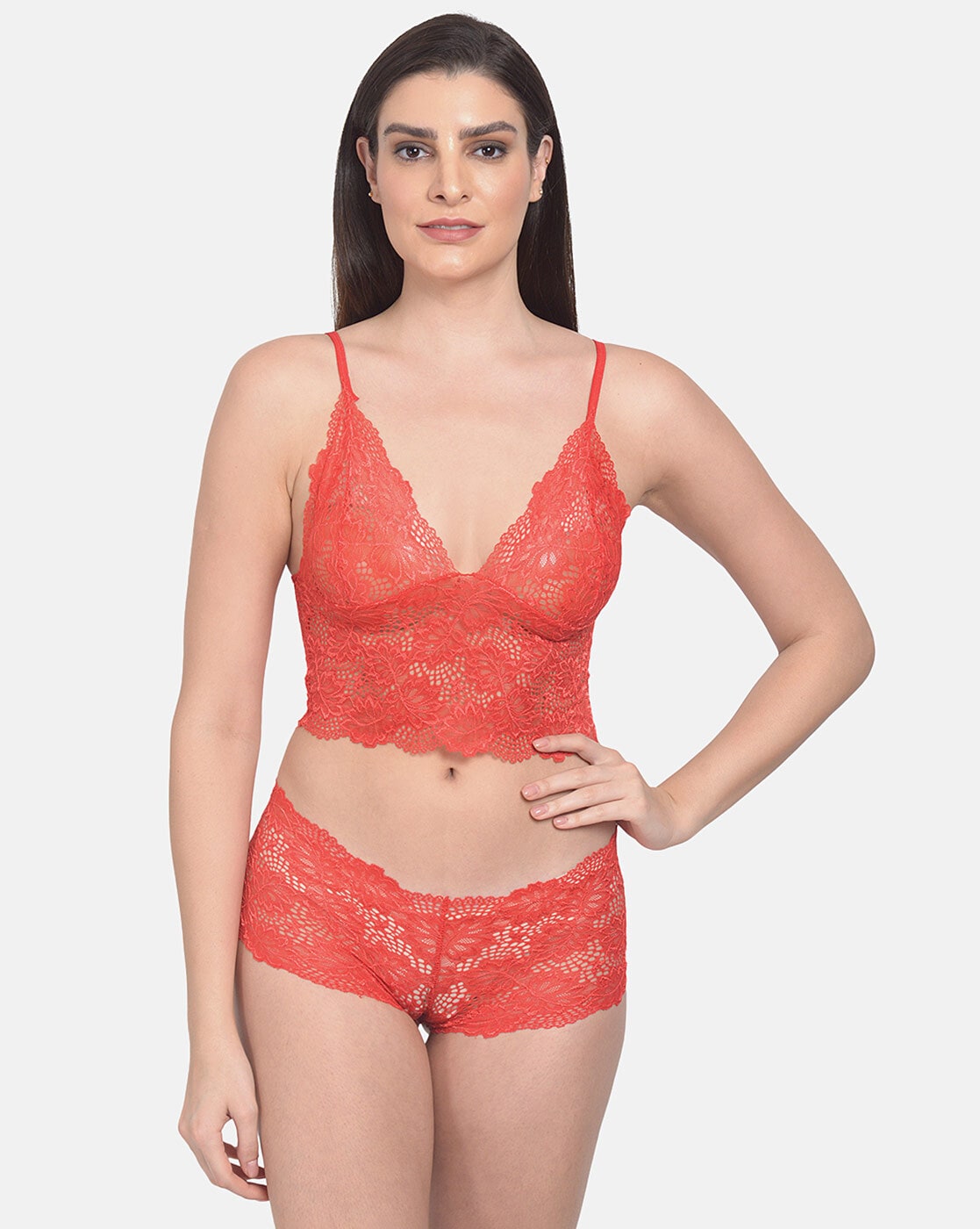 Shyle's lace and mesh Indian lingerie set in smoldering red Only