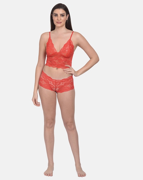 Shyle's lace and mesh Indian lingerie set in smoldering red Only