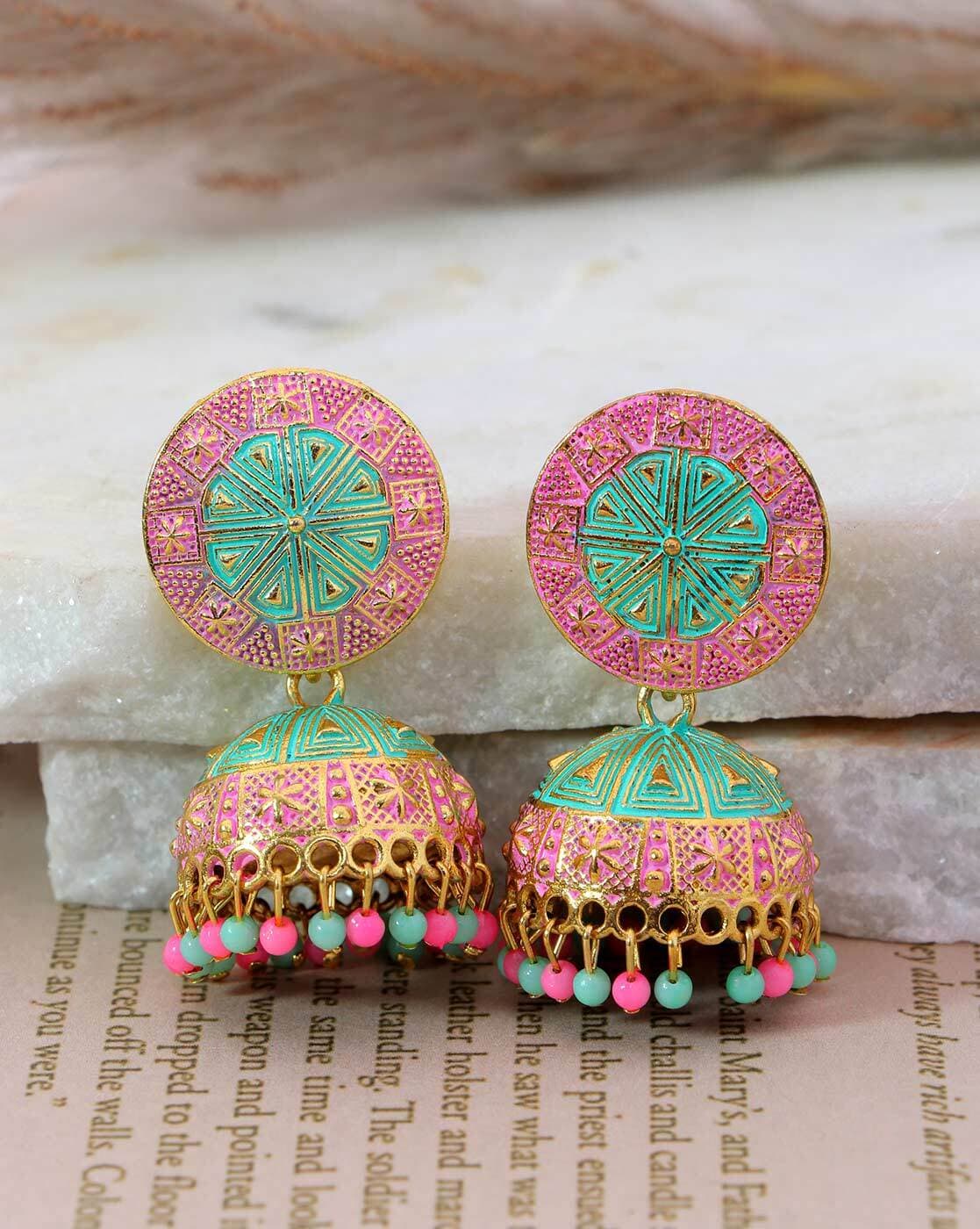 Buy Enamel Blue & Pink Lotus Jhumka Earring - Accessorize India
