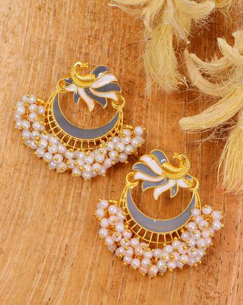 Antique Gold Plated Indian Chand Bali Jhumka Dangler White Bead Wedding  Earrings | eBay
