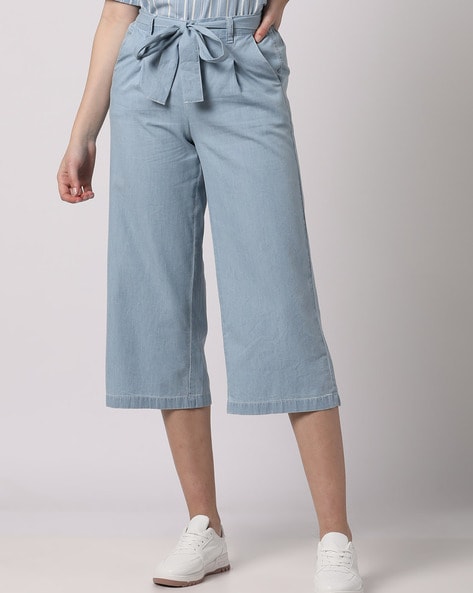 CEST TOI Womens High Rise Paper-bag Waist Cropped Wide Leg Culotte Pants  (M, Medium Denim) - Walmart.com