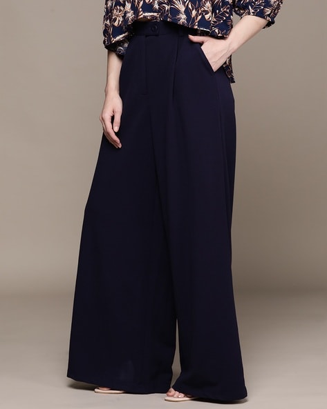 Buy Womens High Waist Casual Wide Leg Palazzo Pants Loose Work Long Trousers  Navy Medium at Amazonin