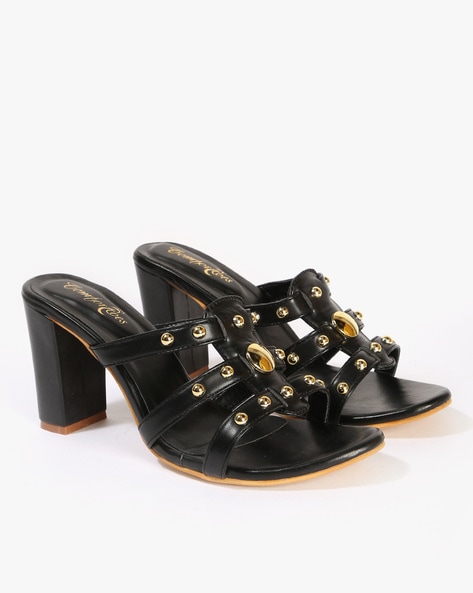 Chunky Heel Studded Pointy Strap Rivet Mule Beige Block Heel Slipper Women  Shoes | eBay