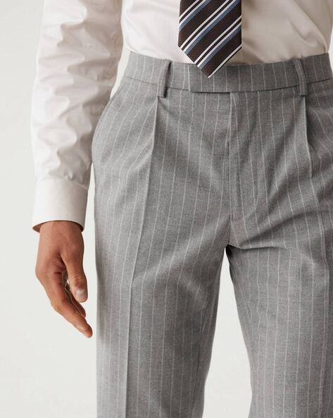 Grey Striped Straight Fit Cotton Pants  TJORI
