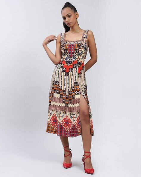 LABEL RITU KUMAR Printed Square-Neck A-Line Dress