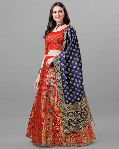 Inca-Gold Sequin-Gota Work Satin Georgette Lehenga with Designer Contrast  Red Choli and Soft Net Embroidered Dupatta | Exotic India Art