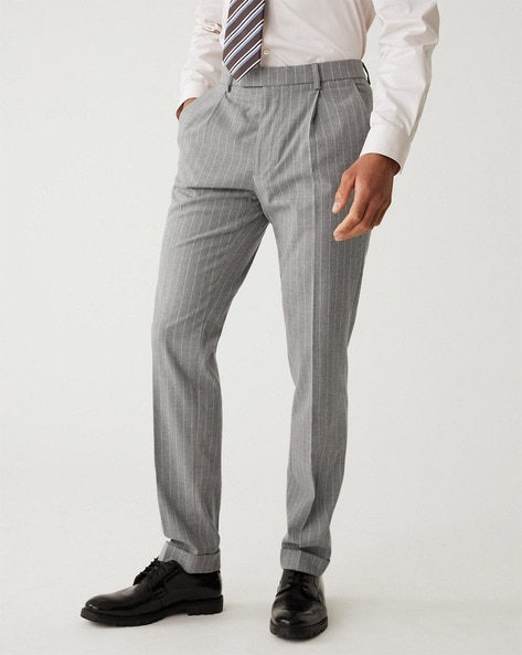 Men's Cotton Blend Grey & Offwhite Striped Formal Trousers - Sojanya |  Types of pleats, Men trousers, Business casual men
