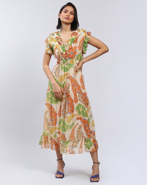 Buy Blue & Yellow Printed Maxi Dress Online - Label Ritu Kumar