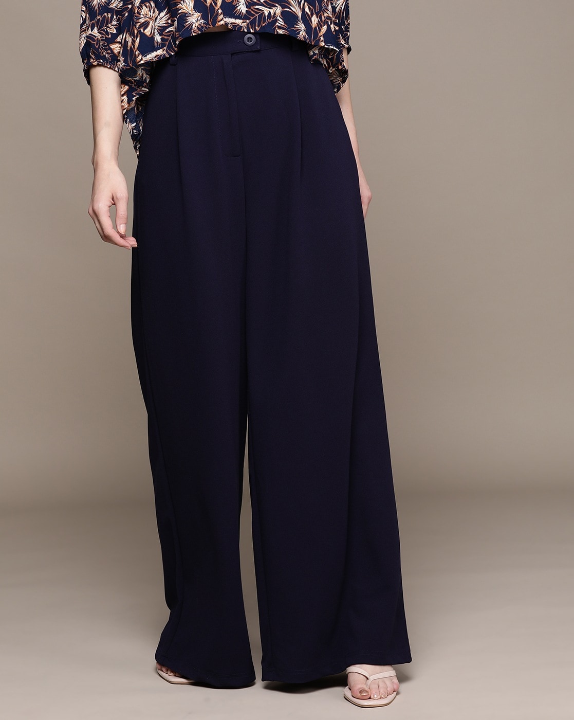 Buy Navy Blue High Rise Wide Leg Pants Online In India