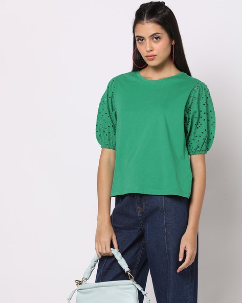 Round-Neck Top with Schiffli Embroidered Sleeves