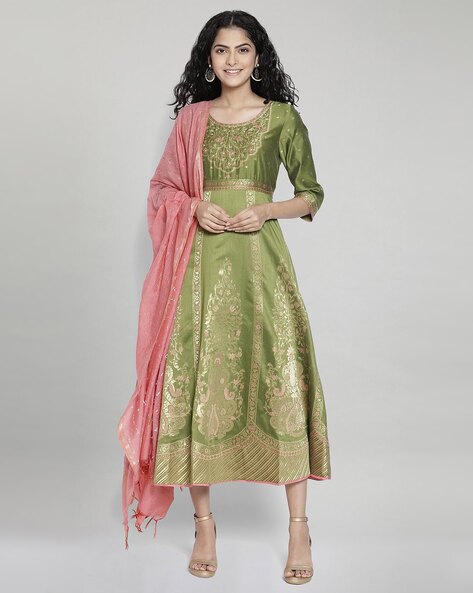 Pastel green foil printed flared dress by The Anarkali Shop