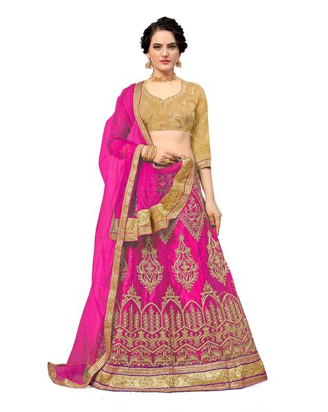 Mustard Lehriya Silk Bustier With Embroidered Lehenga And Hot Pink Organza  Dupatta