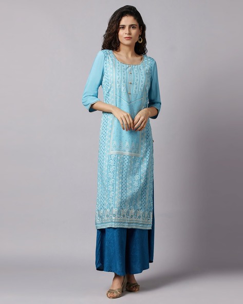 Georgette Front Cut Kurta Suit With Palazzo Pants And All-Over Chikankari  Work | Exotic India Art