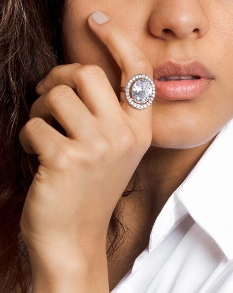 White Finish Swarovski Stone Ring In Sterling Silver Design by Mon Tresor  at Pernia's Pop Up Shop 2024