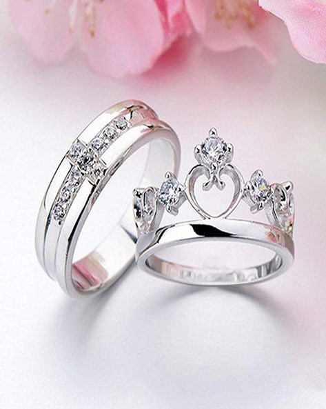 Ru Collection Beautiful Unique Style Silver Polished Double Diamond Rings | Couple  Rings | Valentine Gifts