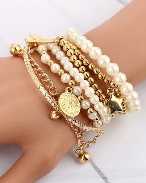 Tanya Peach and Champagne Bracelet Stack | 3 Piece Crystal and Pearl B –  Shop Suey Boutique