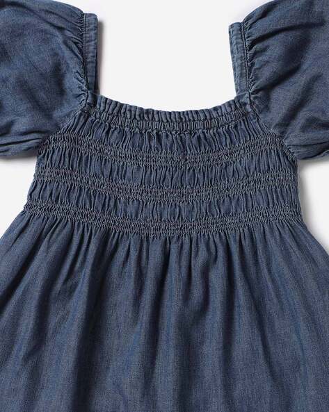 Smocked A Line Denim Dress