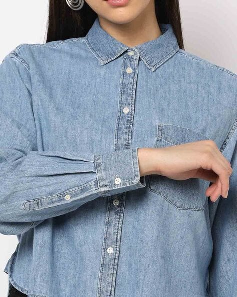 Only denim shirt with oversized pockets in light blue | ASOS