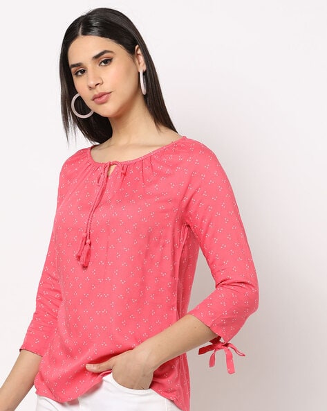 Printed Top with Tasseled Neckline