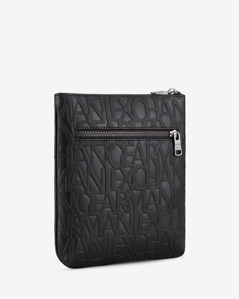 ARMANI EXCHANGE All-Over Embossed Monogram Flat Crossbody Bag with Shoulder Strap For Men (Black, OS)